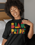 BlaQ Pride Geometric Lettering Red Yellow Green on Black Oversize Deep Drop Shoulder Tee
