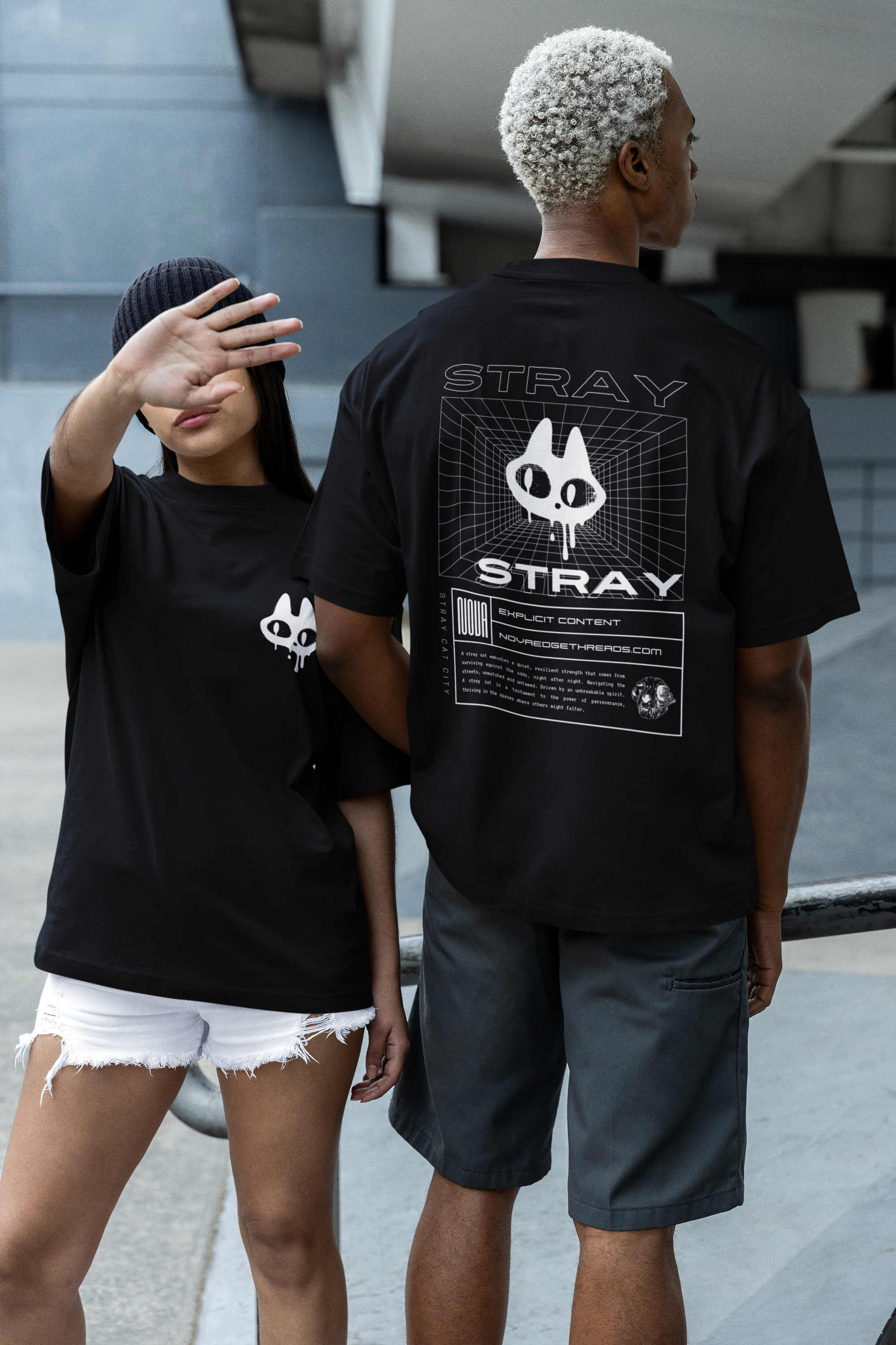 Stray Cat Streetwear T-Shirt Wild Cat Outsider Black Oversize Tee Oversize Deep Drop Shoulder Tee - 190 GSM