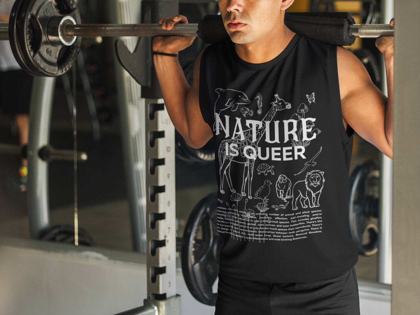 Nature is Queer Graphic Tank LGBTQ+ Plants & Animals on front of Black Relaxed Fit Sleeveless Tank Top