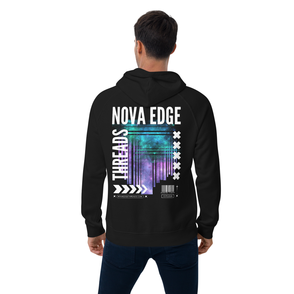 Nova Edge Threads Neon Futures Graphic Colorful Galaxy Sweatshirt Streetwear Design on back of Black Eco Raglan Hoodie