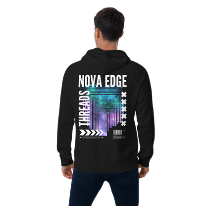 Nova Edge Threads Neon Futures Graphic Colorful Galaxy Sweatshirt Streetwear Design on back of Black Eco Raglan Hoodie