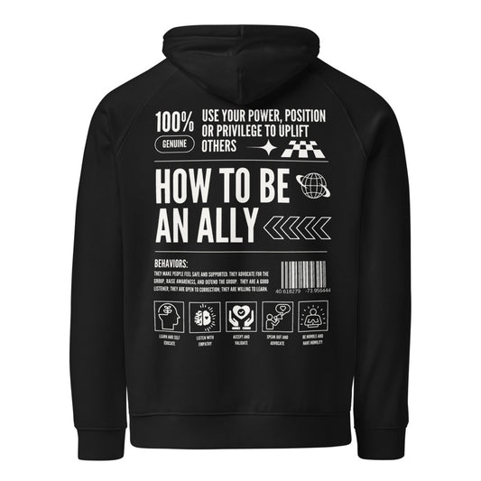 How to be an Ally Black Graphic Sweatshirt LGBTQIA2S+ Allyship Eco Raglan Hoodie