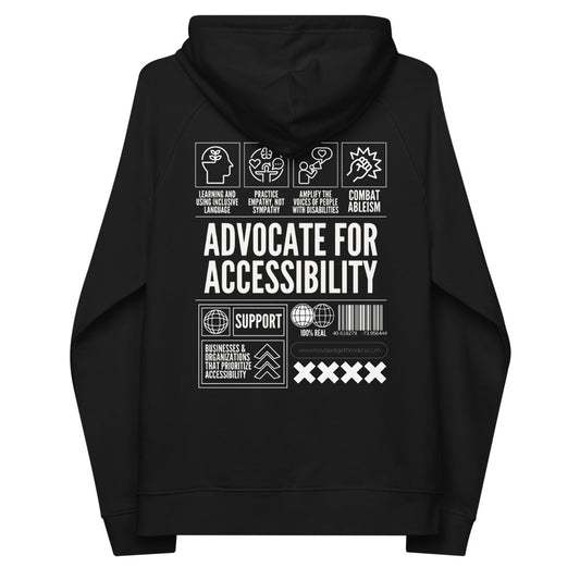 Advocate for Accessibility Graphic Hoodie Black Allyship Sweatshirt Eco Raglan Hoodie