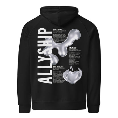 Allyship Graphic on Back of Black Sweatshirt Eco Raglan Hoodie