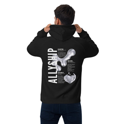 Allyship Graphic on Back of Black Sweatshirt Eco Raglan Hoodie