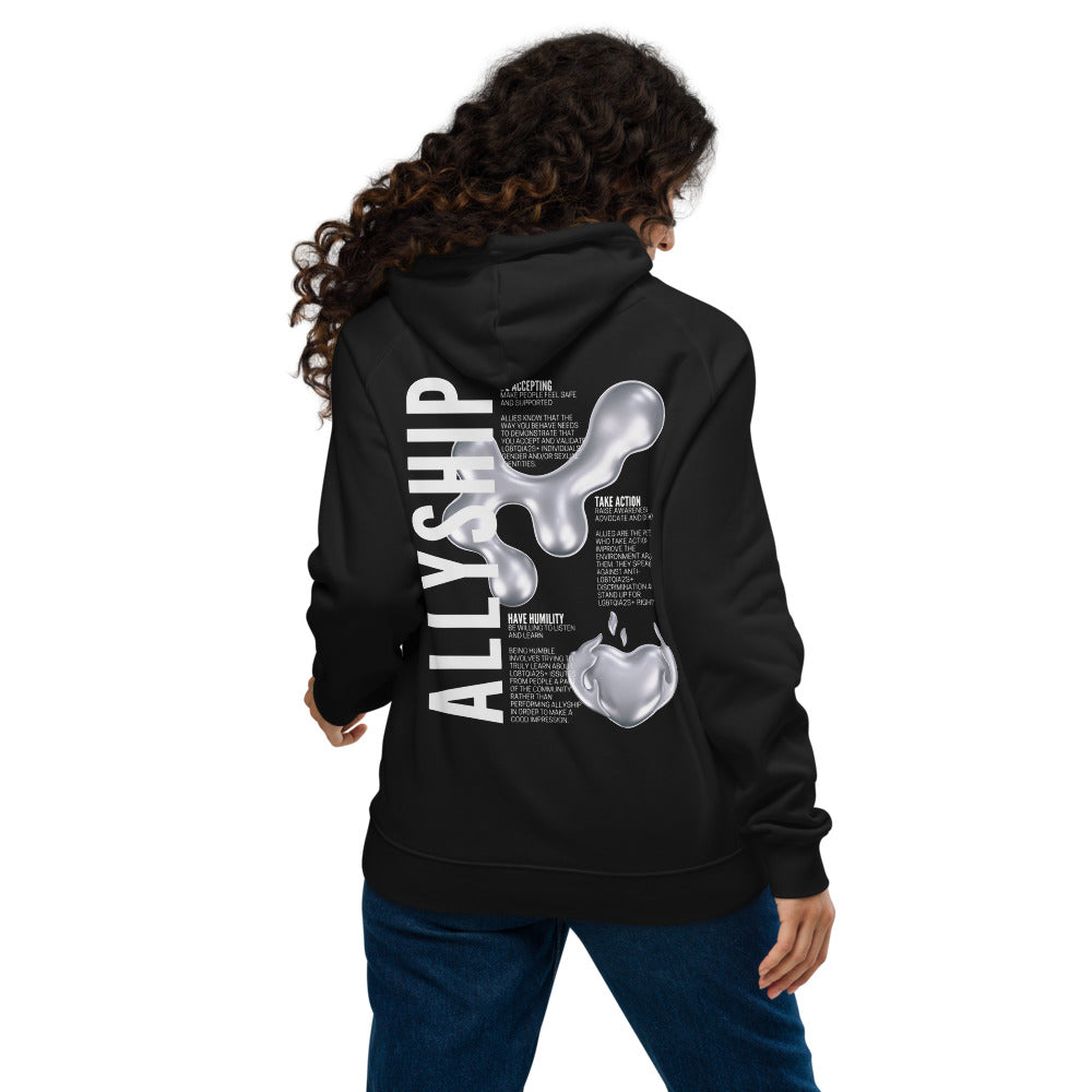 Allyship Graphic on Back of Black Sweatshirt Eco Raglan Hoodie