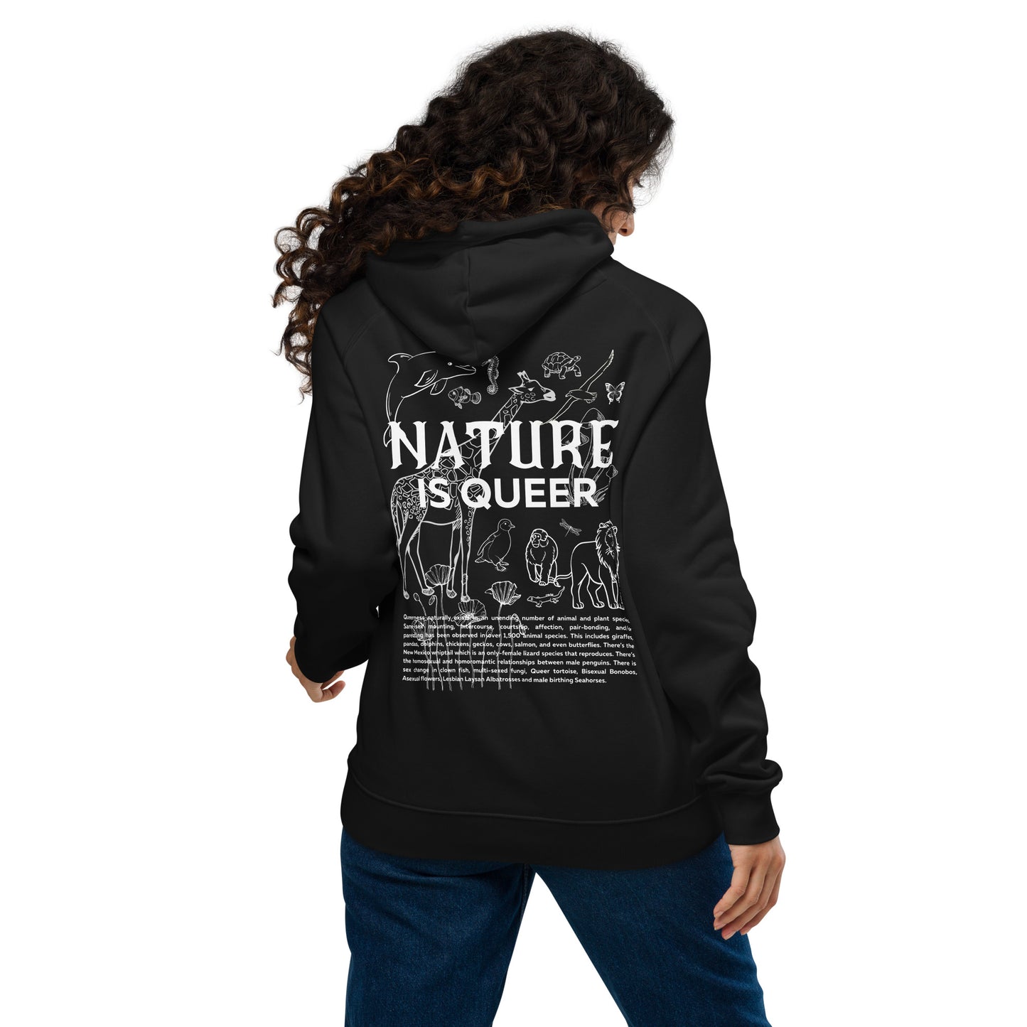 Nature is Queer Graphic Sweatshirt LGBTQIA2S+ is Natural Message of Pride on Black or Gray Eco Raglan Hoodie