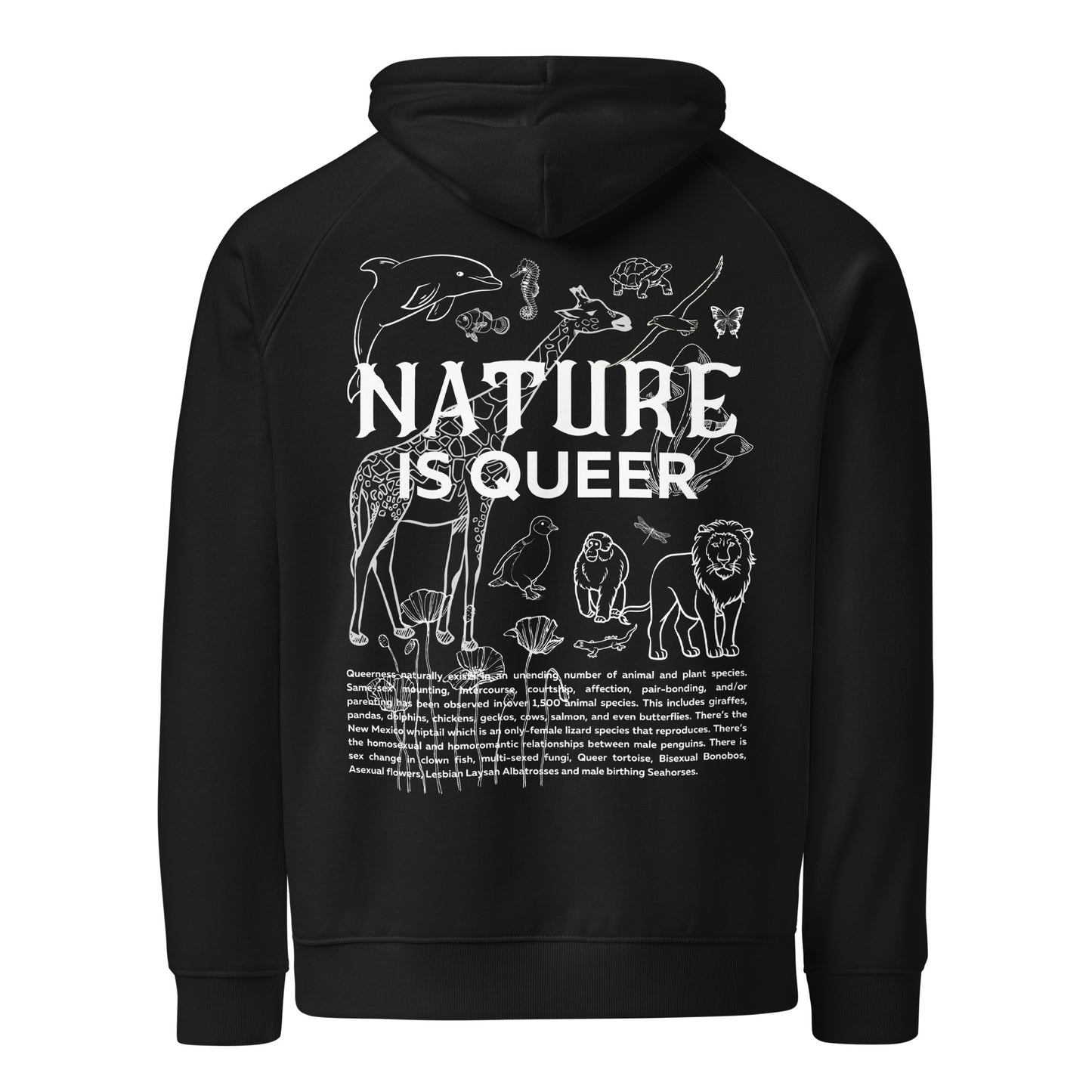 Nature is Queer Graphic Sweatshirt LGBTQIA2S+ is Natural Message of Pride on Black or Gray Eco Raglan Hoodie