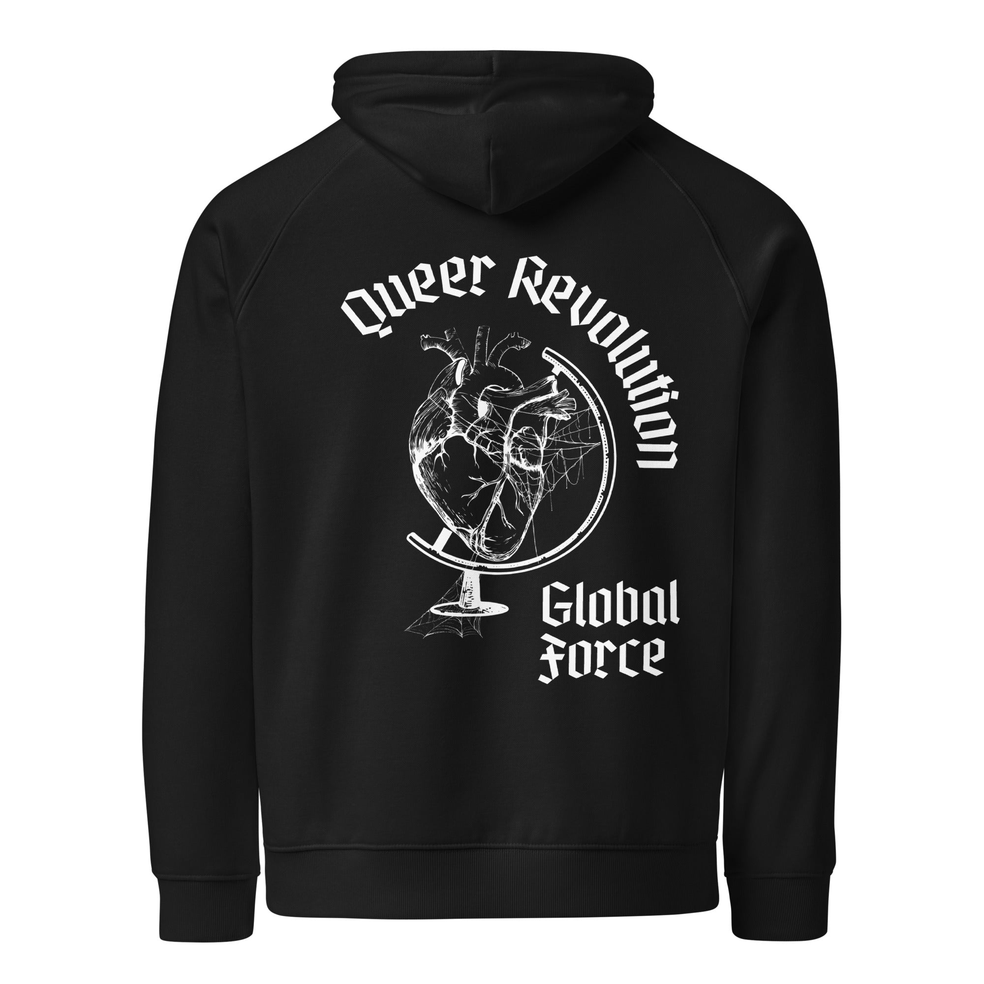 Queer Revolution, Global Force Graphic Sweatshirt LGBTQIA2S+ Pride on back of Black or Gray Eco Raglan Hoodie Eco Raglan Hoodie