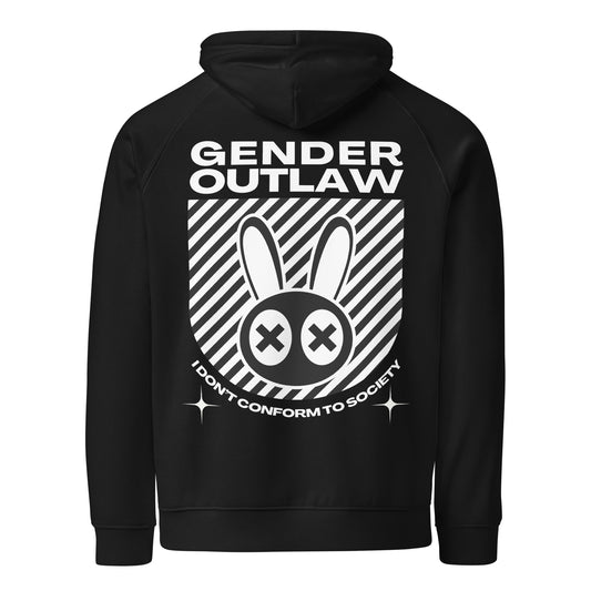 Gender Outlaw, I don't conform to society Graphic Hoodie Genderqueer Trans Enby Pride on back of Black or Gray Eco Raglan Hoodie