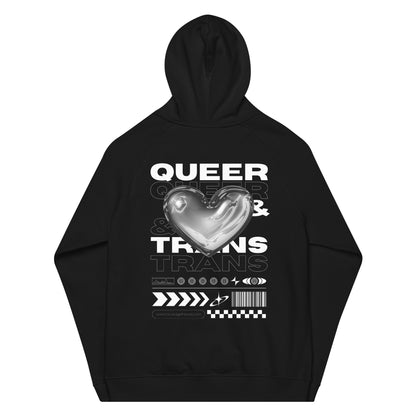 Queer & Trans Graphic Hoodie Streetwear Style Chrome Heart LGBTQIA2S+ Pride on back of Black Eco Raglan Hoodie