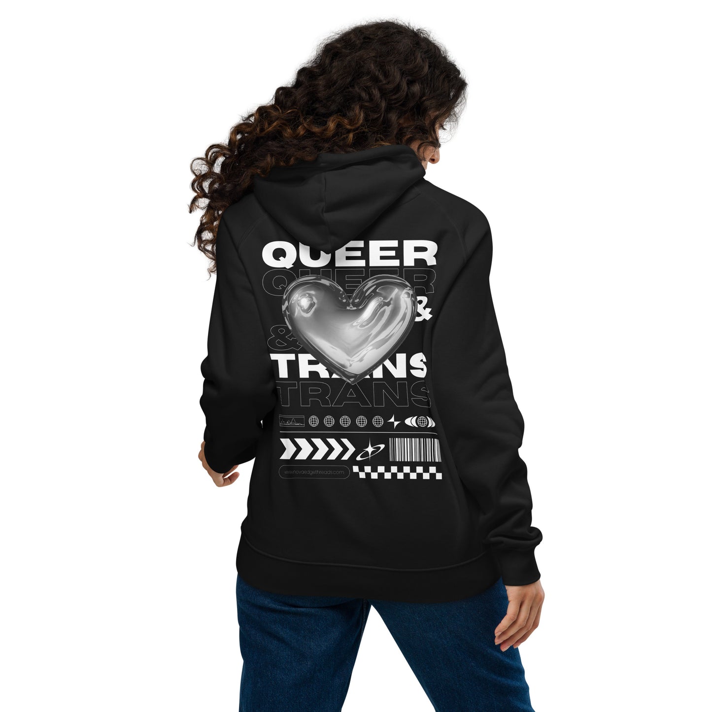 Queer & Trans Graphic Hoodie Streetwear Style Chrome Heart LGBTQIA2S+ Pride on back of Black Eco Raglan Hoodie