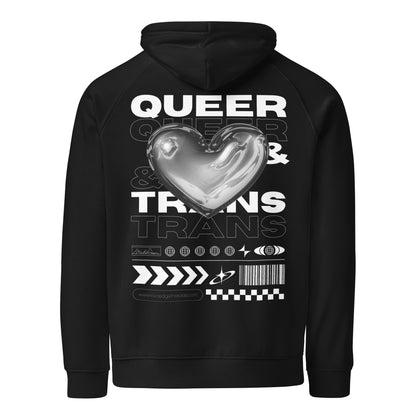 Queer & Trans Graphic Hoodie Streetwear Style Chrome Heart LGBTQIA2S+ Pride on back of Black Eco Raglan Hoodie