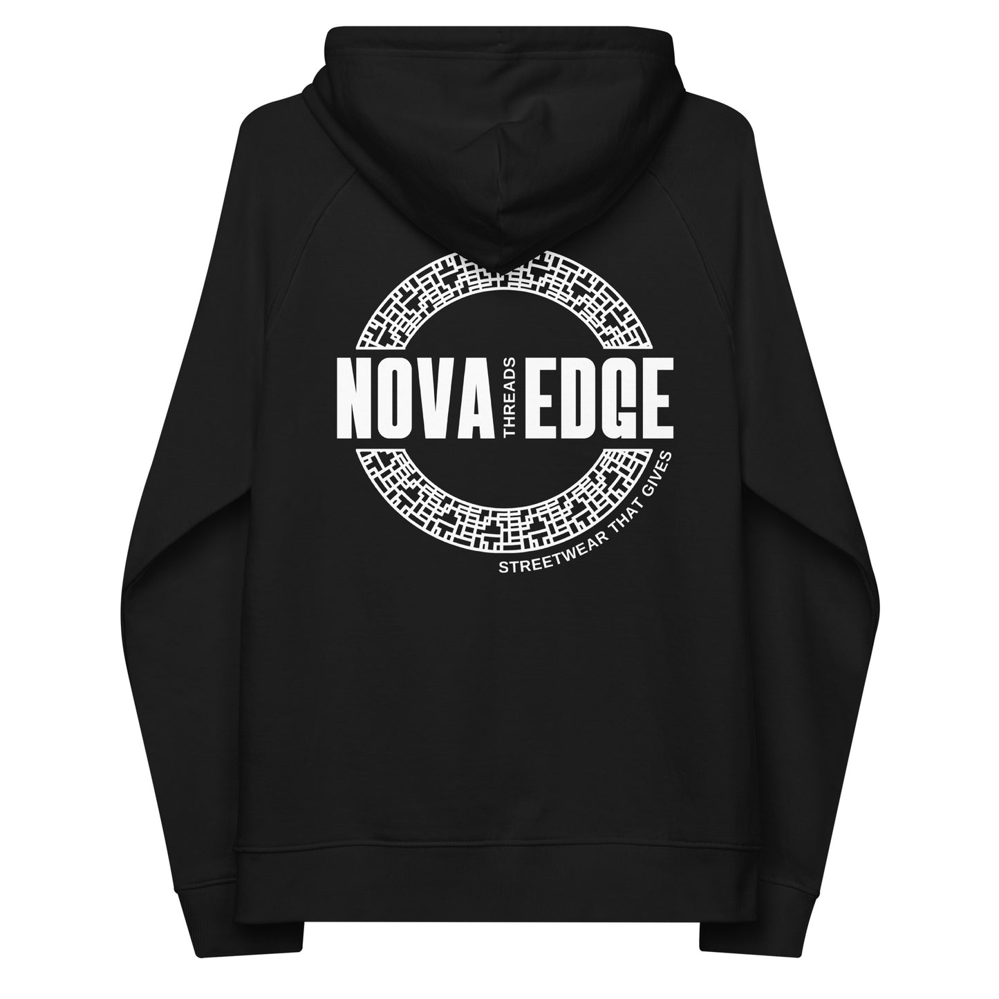 Emblem Embroidered on Front and Nova Edge Threads Logo on back of Sweatshirt Black Eco Raglan Hoodie