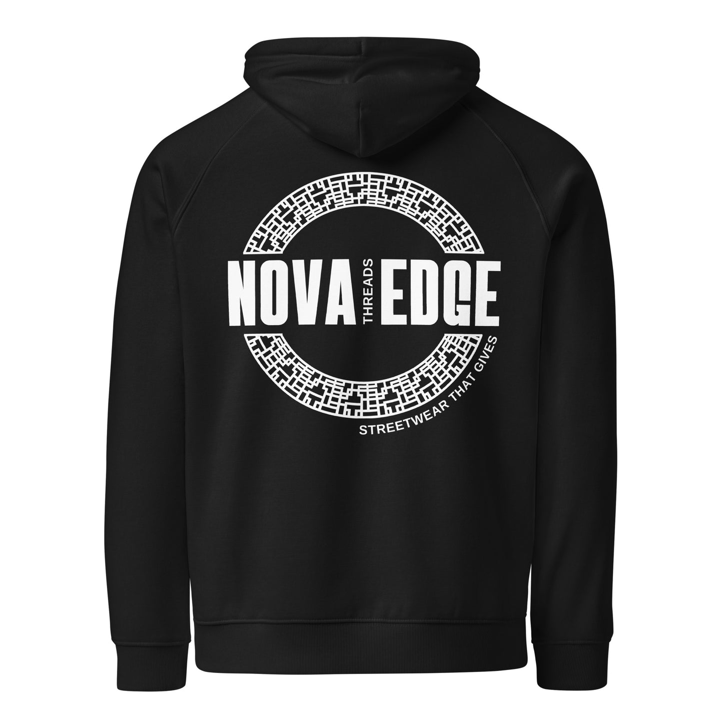 Emblem Embroidered on Front and Nova Edge Threads Logo on back of Sweatshirt Black Eco Raglan Hoodie