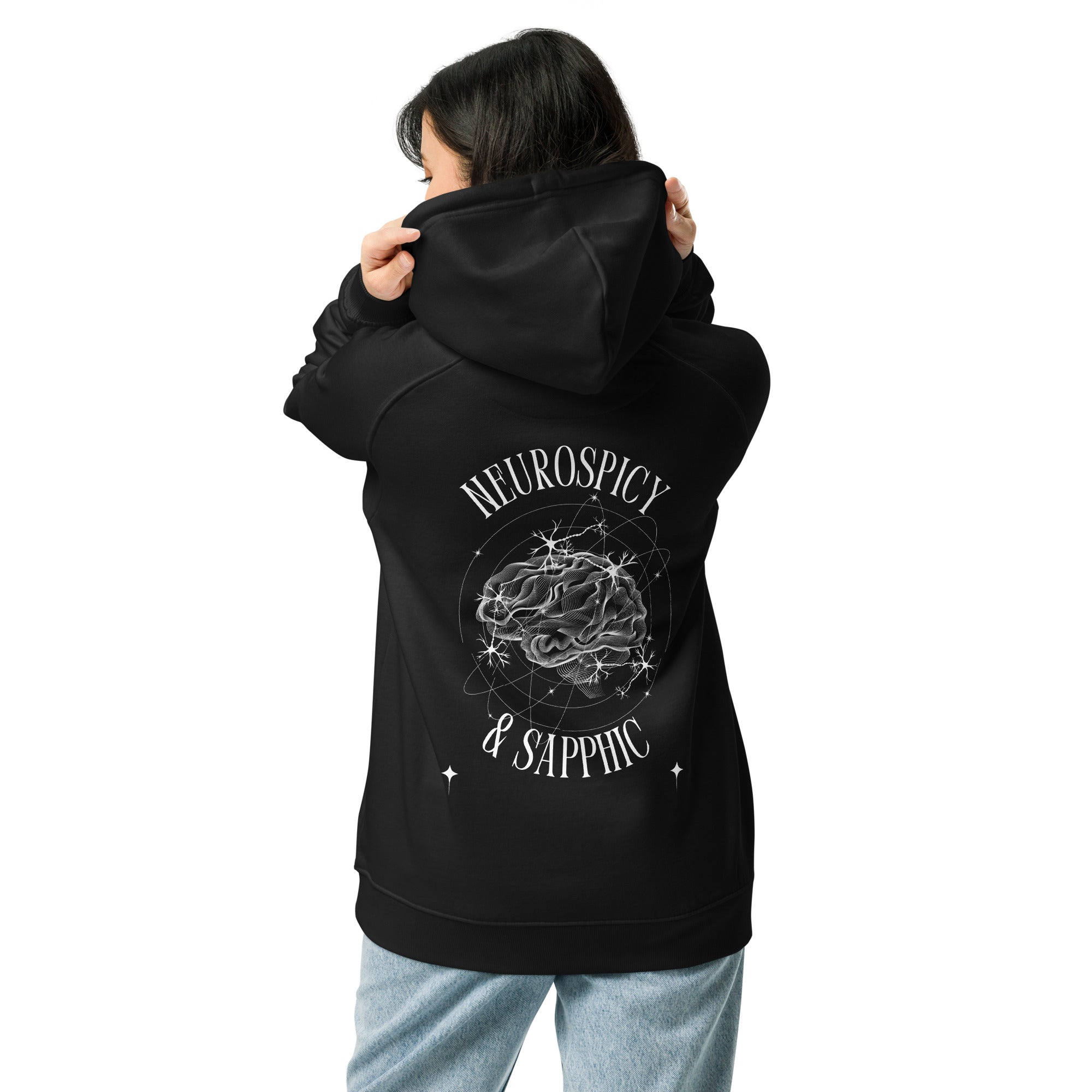 Neurospicy & Sapphic Graphic Hoodie with Black & White design on back of Sweatshirt Black Eco Raglan Hoodie Eco Raglan Hoodie