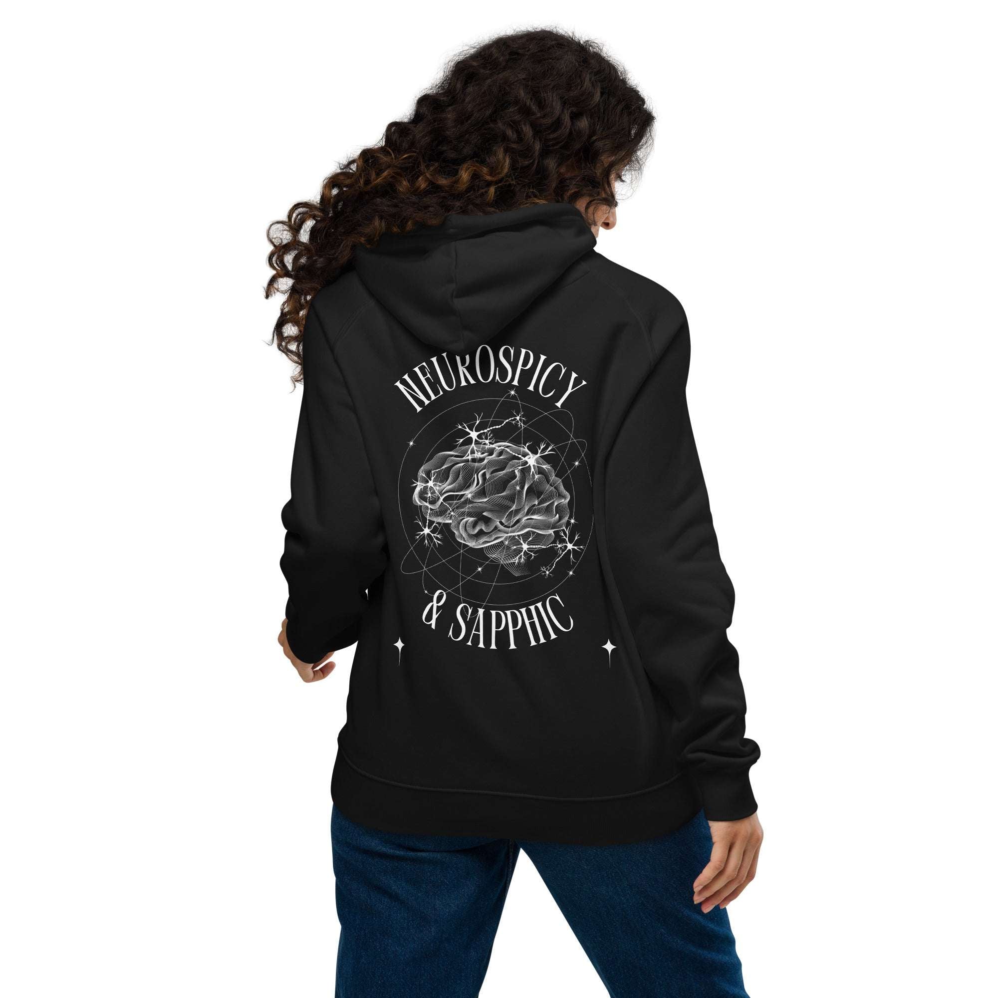 Neurospicy & Sapphic Graphic Hoodie with Black & White design on back of Sweatshirt Black Eco Raglan Hoodie Eco Raglan Hoodie