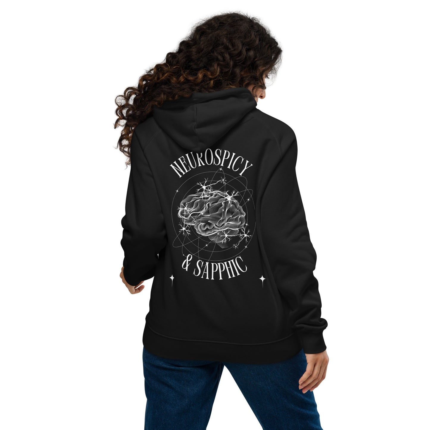 Neurospicy & Sapphic Graphic Hoodie with Black & White design on back of Sweatshirt Black Eco Raglan Hoodie