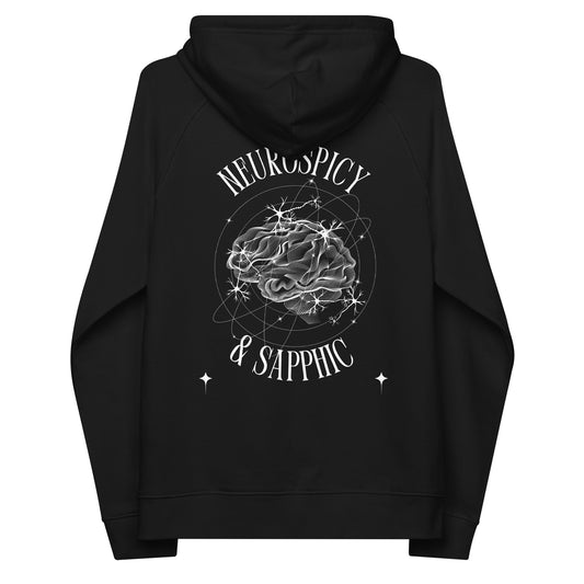 Neurospicy & Sapphic Graphic Hoodie with Black & White design on back of Sweatshirt Black Eco Raglan Hoodie