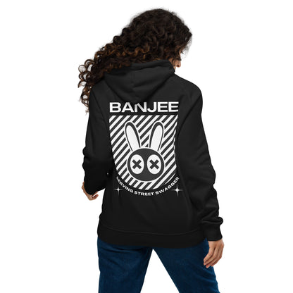 Banjee Graphic Hoodie with Streetwear Inspired B&W Design for Intersectional Pride on back of Black Eco Raglan Hoodie