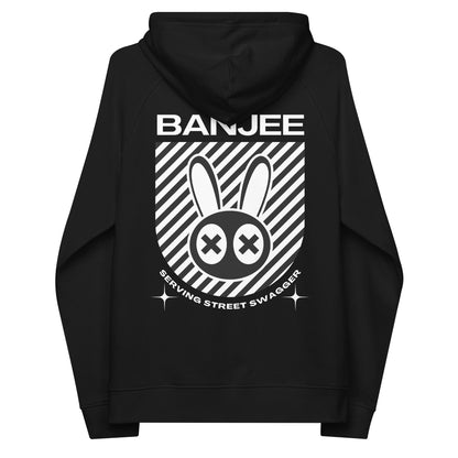 Banjee Graphic Hoodie with Streetwear Inspired B&W Design for Intersectional Pride on back of Black Eco Raglan Hoodie