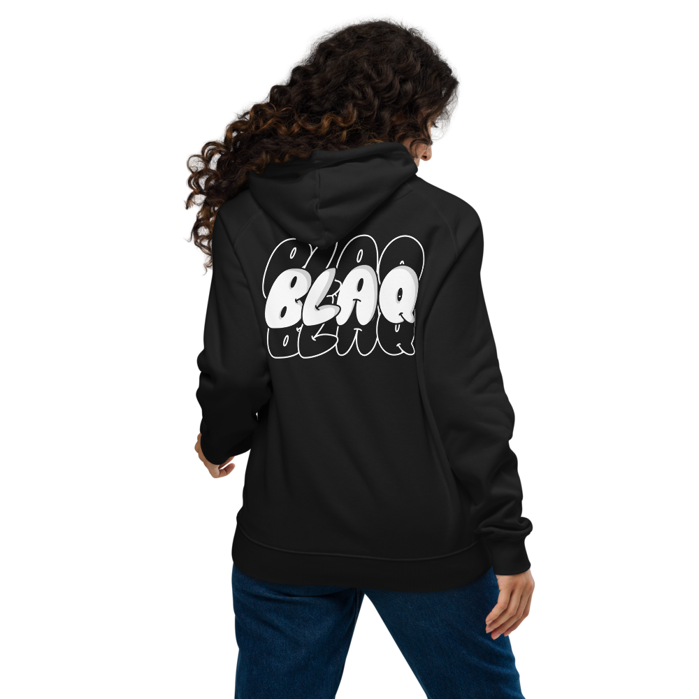 BlaQ Graphic Hoodie Streetwear Graffiti Style Design Intersectional Pride on back of Black Eco Raglan Hoodie