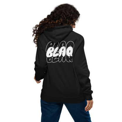 BlaQ Graphic Hoodie Streetwear Graffiti Style Design Intersectional Pride on back of Black Eco Raglan Hoodie