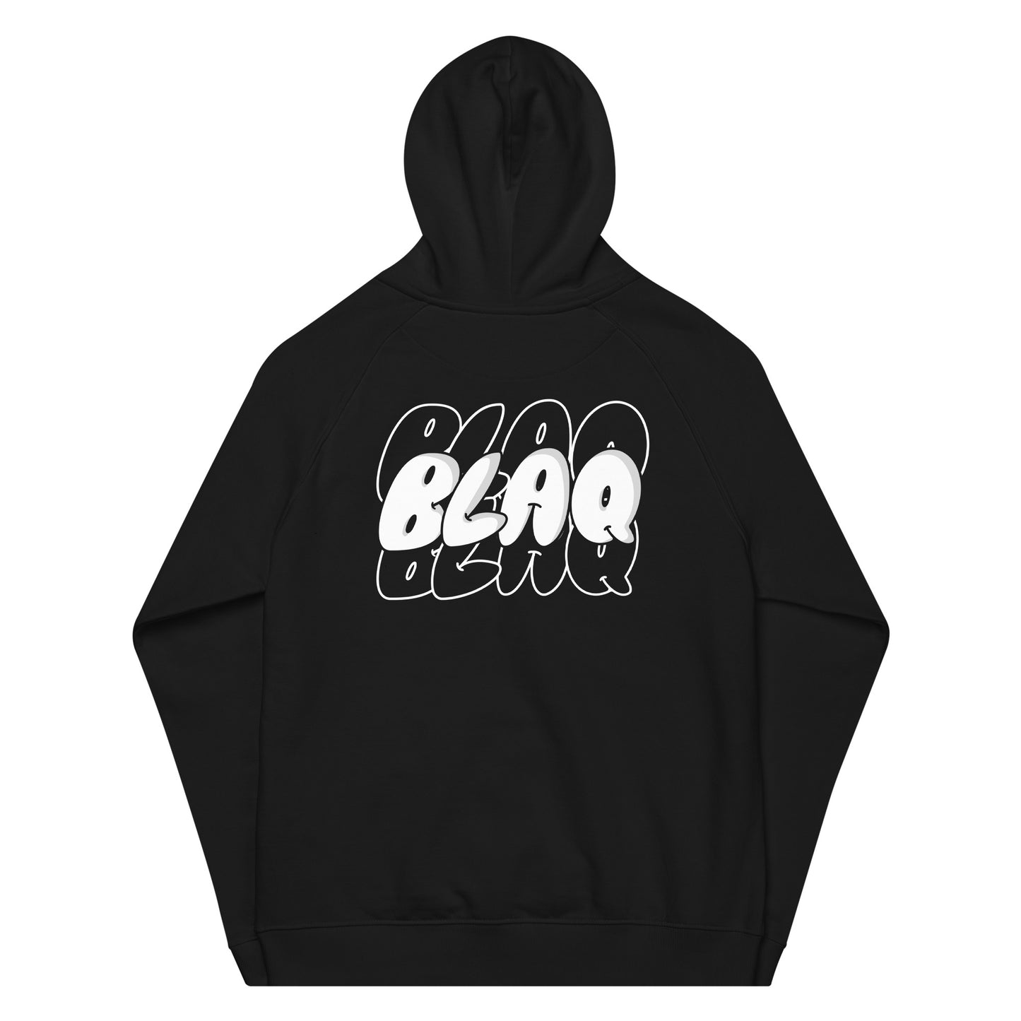 BlaQ Graphic Hoodie Streetwear Graffiti Style Design Intersectional Pride on back of Black Eco Raglan Hoodie