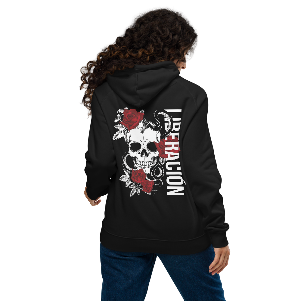 Liberación Graphic Hoodie Skulls and Red Rose Design for Intersectional Pride on back of Black Eco Raglan Hoodie