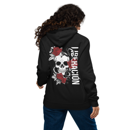 Liberación Graphic Hoodie Skulls and Red Rose Design for Intersectional Pride on back of Black Eco Raglan Hoodie