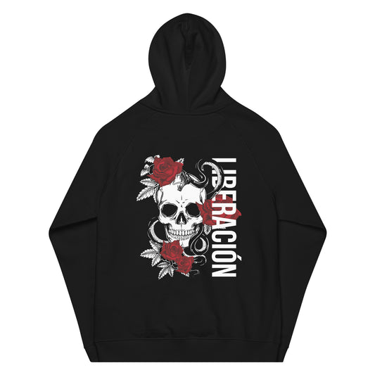 Liberación Graphic Hoodie Skulls and Red Rose Design for Intersectional Pride on back of Black Eco Raglan Hoodie