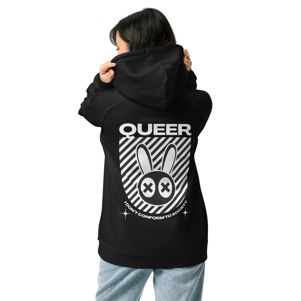 Queer I don't conform to Society Graphic Hoodie Streetwear Inspired Design on back of Black Eco Raglan Hoodie