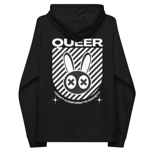 Queer I don't conform to Society Graphic Hoodie Streetwear Inspired Design on back of Black Eco Raglan Hoodie