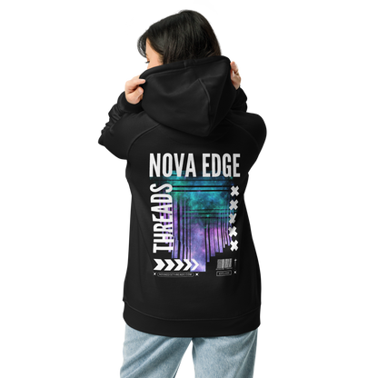 Nova Edge Threads Neon Futures Graphic Colorful Galaxy Sweatshirt Streetwear Design on back of Black Eco Raglan Hoodie