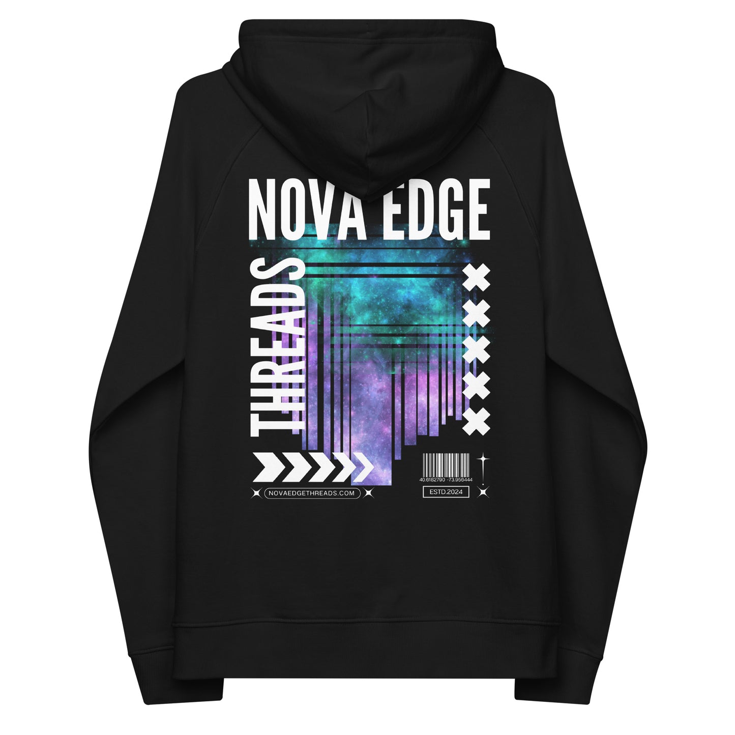 Nova Edge Threads Neon Futures Graphic Colorful Galaxy Sweatshirt Streetwear Design on back of Black Eco Raglan Hoodie