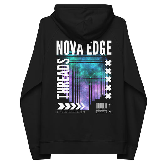 Nova Edge Threads Neon Futures Graphic Colorful Galaxy Sweatshirt Streetwear Design on back of Black Eco Raglan Hoodie