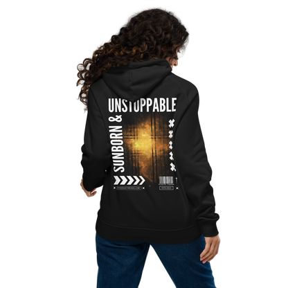 Sun Born & Unstoppable Graphic Hoodie Neon Futures Design Golden Galaxy on back of Black Eco Raglan Hoodie