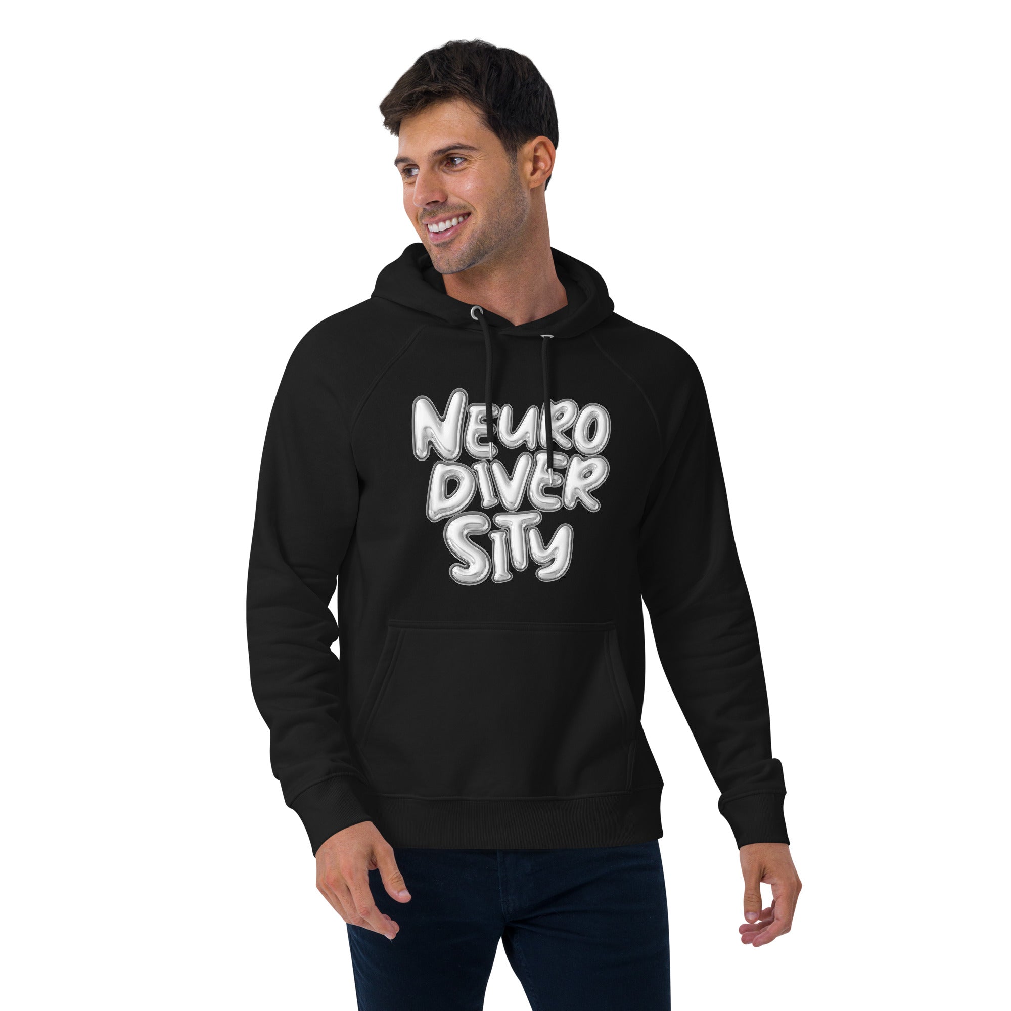 Neurodiversity Pride Sweatshirt with Chrome Bubble Letters on Black Eco Raglan Hoodie Eco Raglan Hoodie