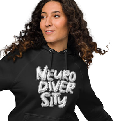 Neurodiversity Pride Sweatshirt with Chrome Bubble Letters on Black Eco Raglan Hoodie