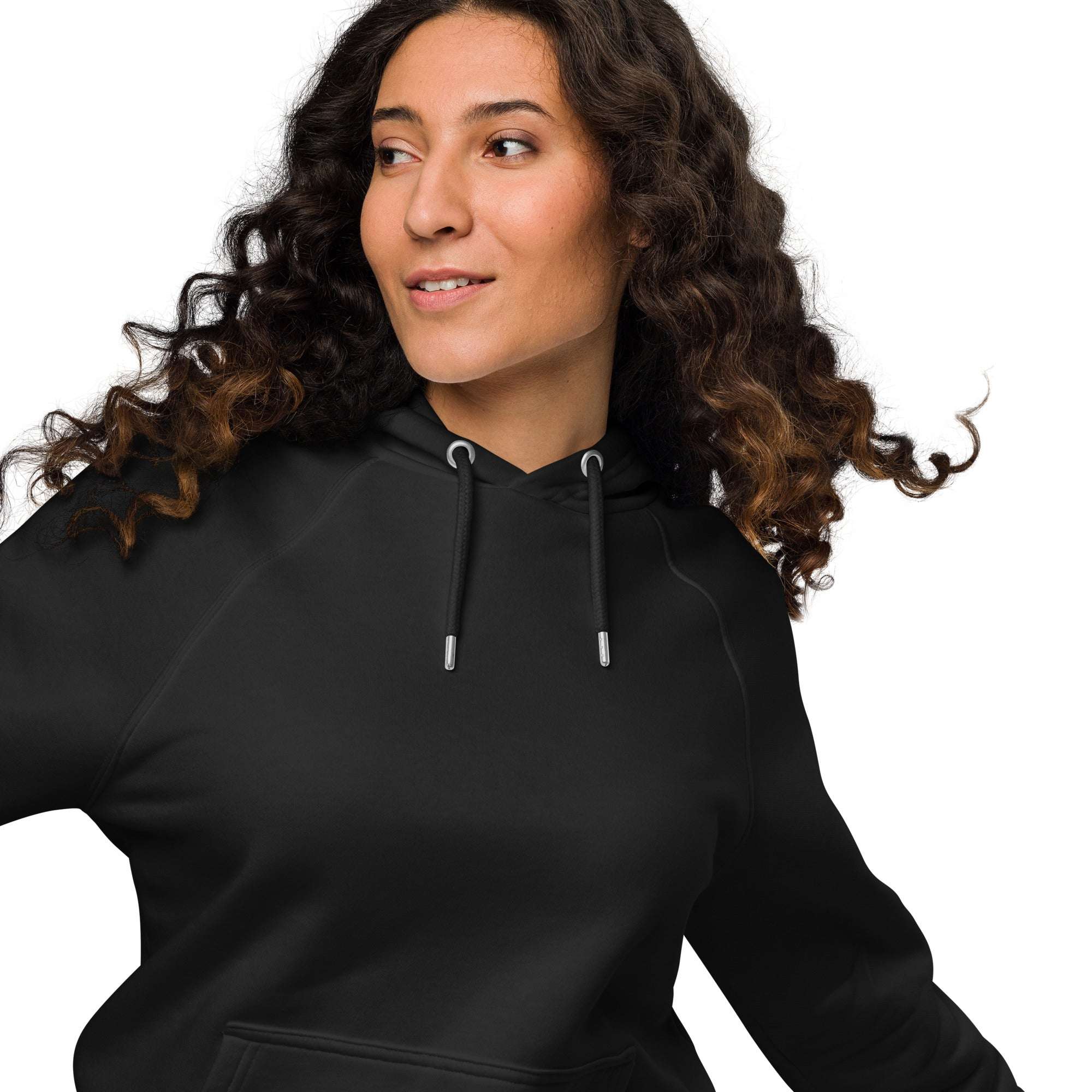 Banjee Graphic Hoodie with Streetwear Inspired B&W Design for Intersectional Pride on back of Black Eco Raglan Hoodie