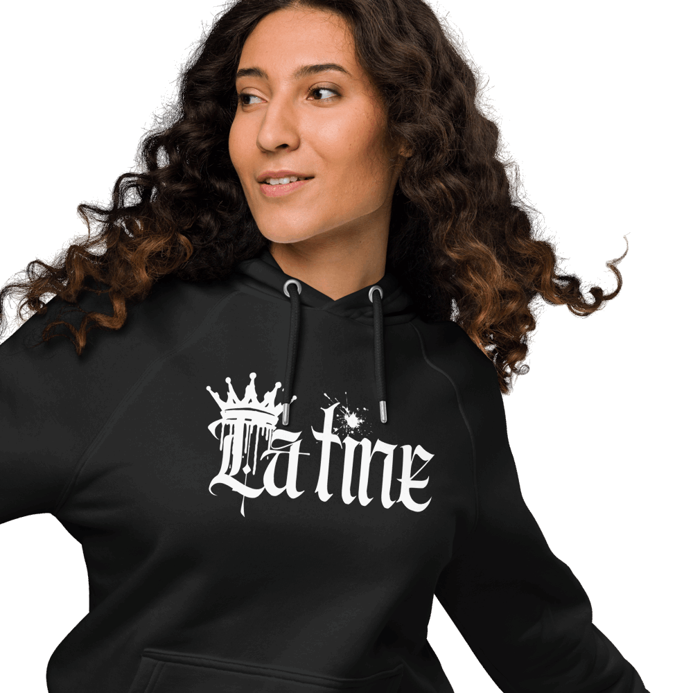 Latine Graphic Sweatshirt White Spray Paint Graffiti Design on front of Black Eco Raglan Hoodie