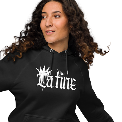 Latine Graphic Sweatshirt White Spray Paint Graffiti Design on front of Black Eco Raglan Hoodie