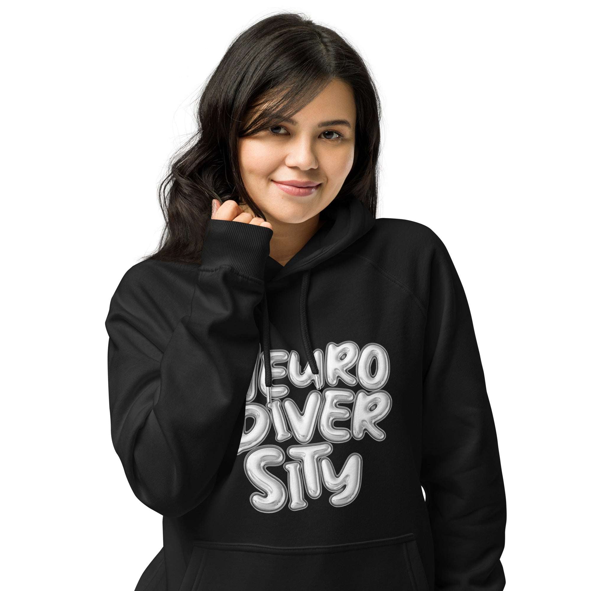 Neurodiversity Pride Sweatshirt with Chrome Bubble Letters on Black Eco Raglan Hoodie Eco Raglan Hoodie