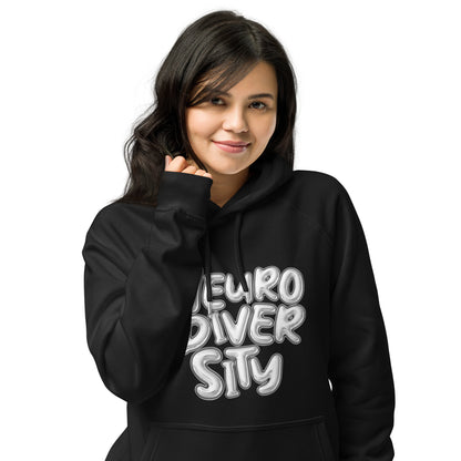 Neurodiversity Pride Sweatshirt with Chrome Bubble Letters on Black Eco Raglan Hoodie