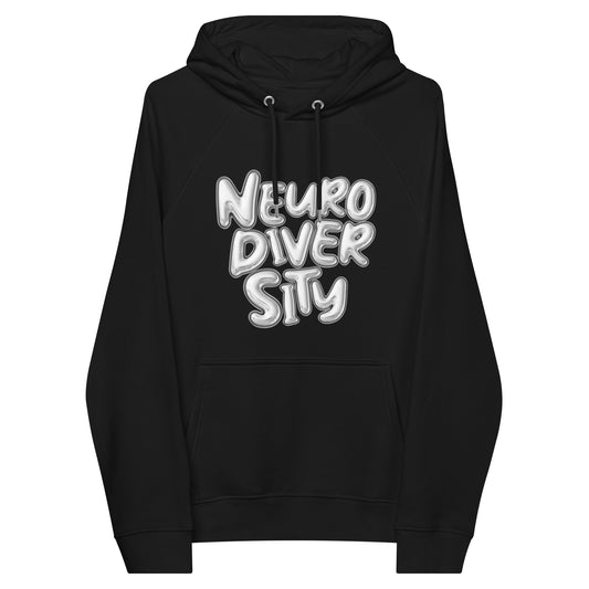 Neurodiversity Pride Sweatshirt with Chrome Bubble Letters on Black Eco Raglan Hoodie