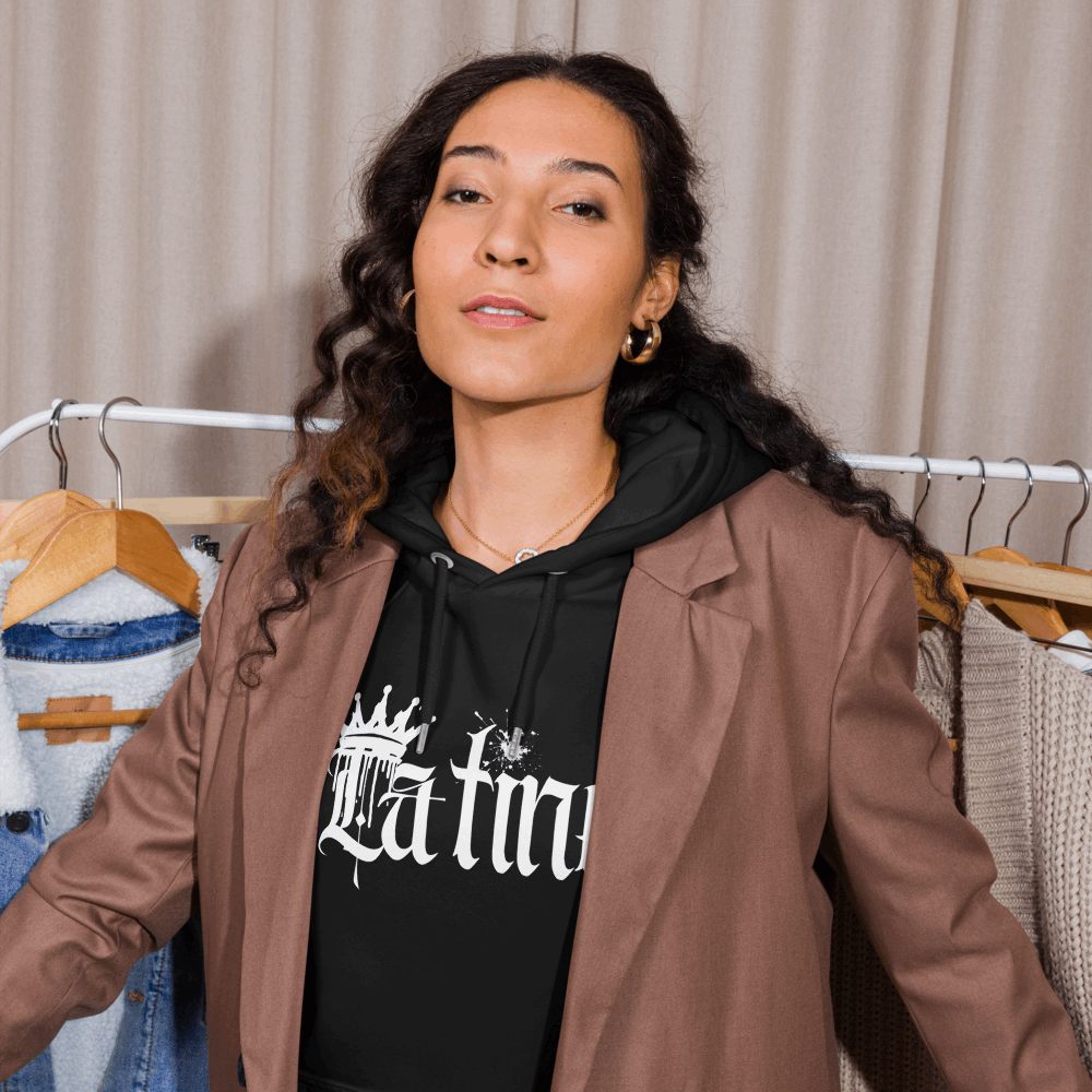 Latine Graphic Sweatshirt White Spray Paint Graffiti Design on front of Black Eco Raglan Hoodie
