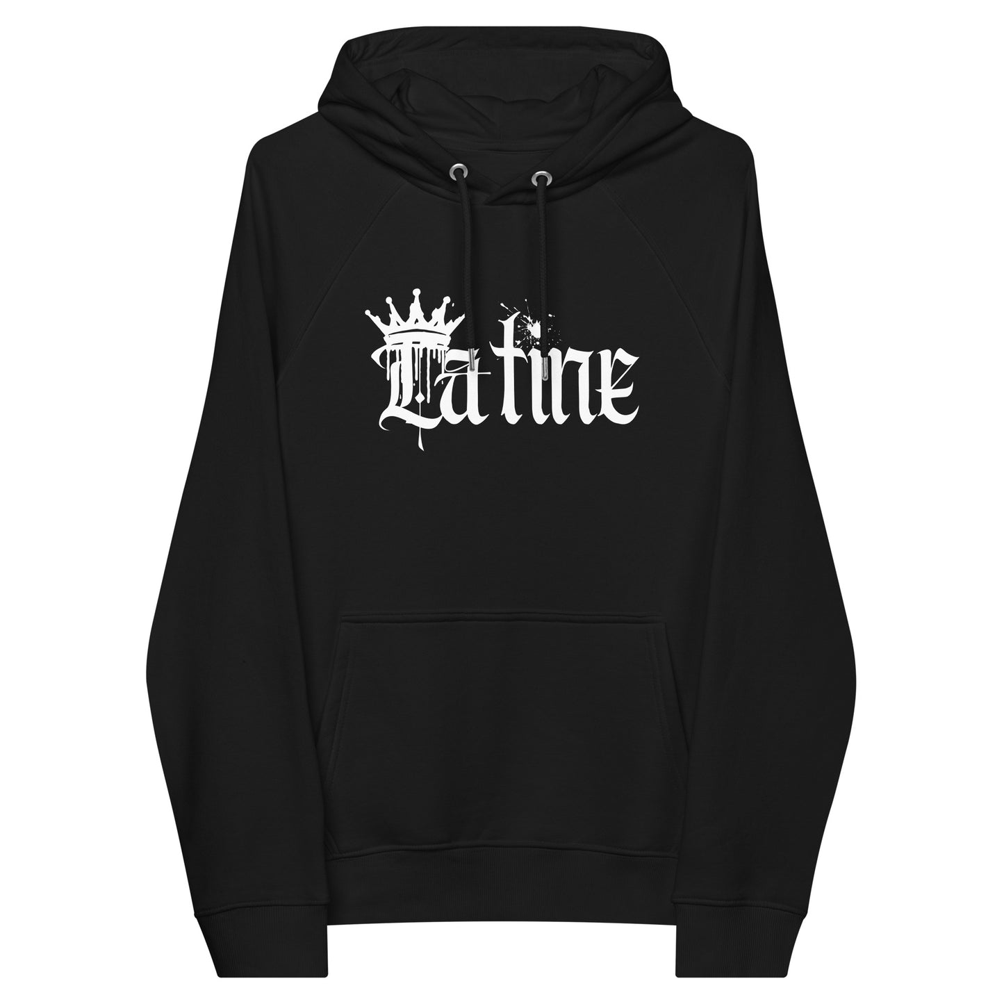 Latine Graphic Sweatshirt White Spray Paint Graffiti Design on front of Black Eco Raglan Hoodie