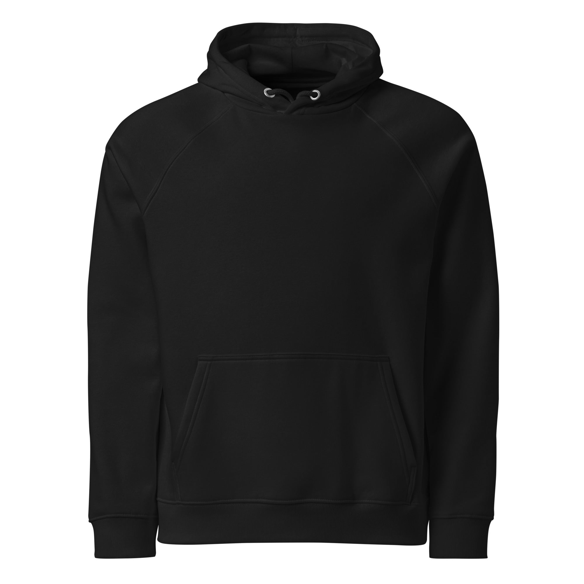 Full front view of the black raglan hoodie