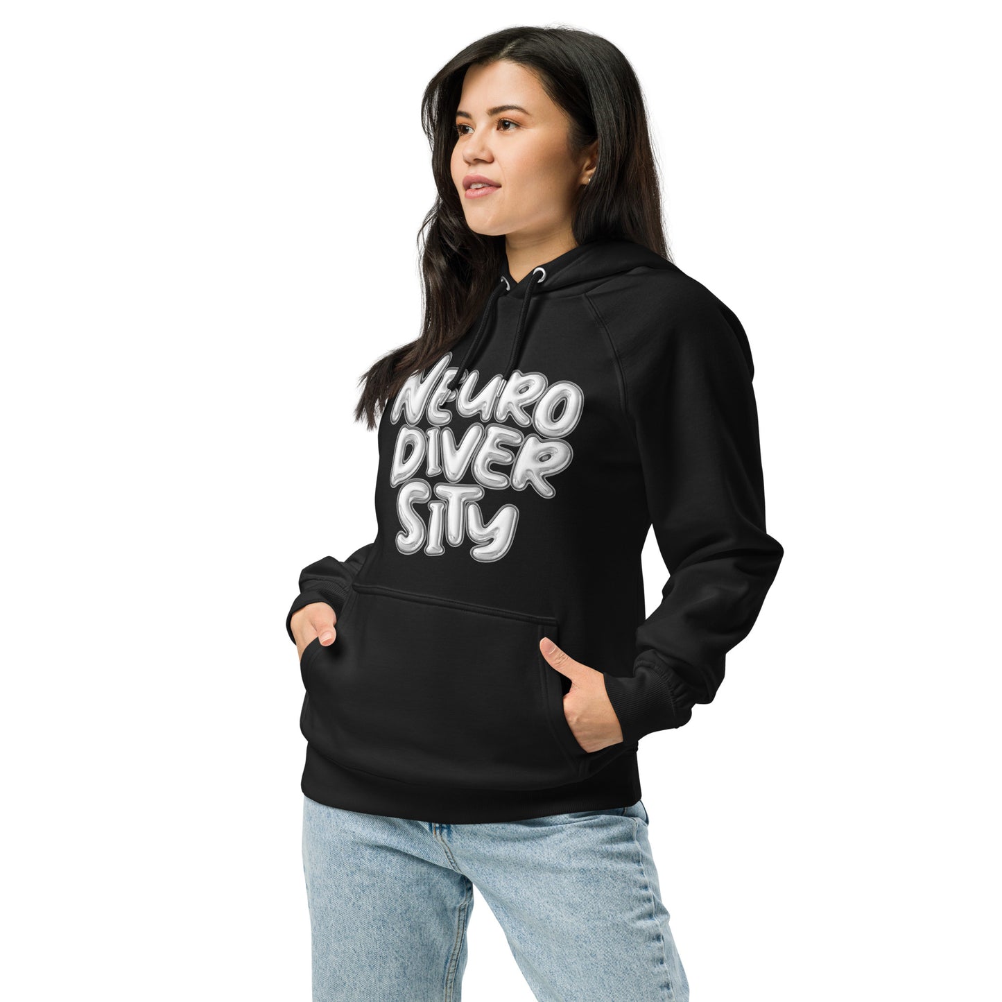 Neurodiversity Pride Sweatshirt with Chrome Bubble Letters on Black Eco Raglan Hoodie