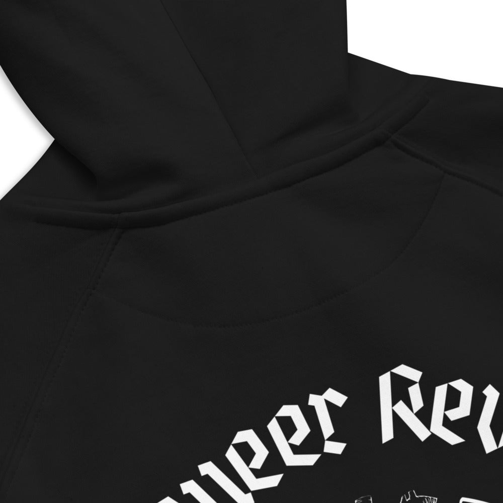 Queer Revolution, Global Force Graphic Sweatshirt LGBTQIA2S+ Pride on back of Black or Gray Eco Raglan Hoodie Eco Raglan Hoodie
